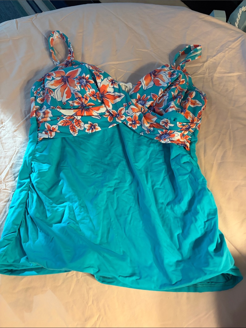 Lands' End Turquoise Floral Tankini Top with Orange & White Flowers